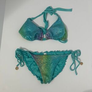 Luli Fama Iridescent Mermaid Blue Bikini Set - Top (D-Cup) & Bottom (Large)